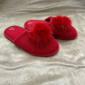 Victoria's Secret Red Plush Slippers with Pom-Poms
